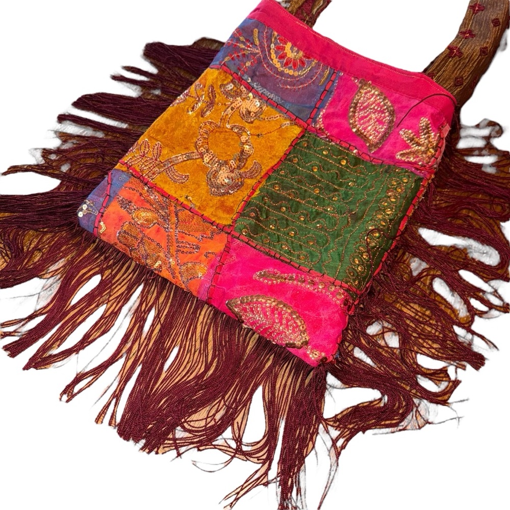Upcycled Boho Fringe Crossbody Shoulder Bag Cheetah Handmade Sequins Wide Strap - Picture 4 of 8